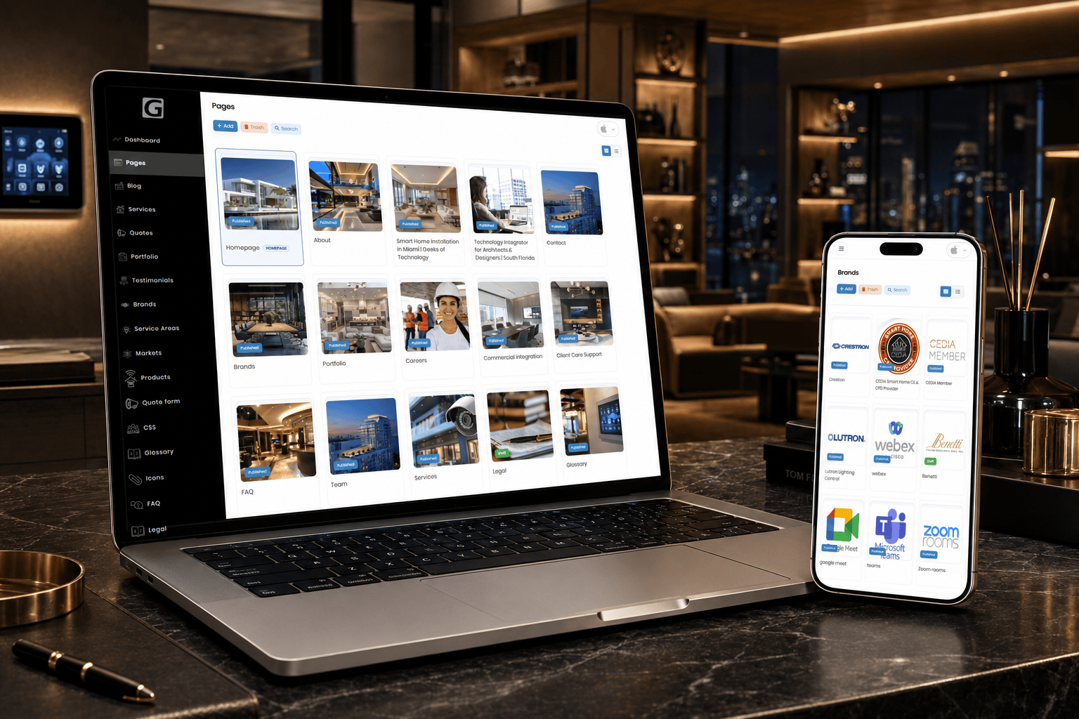 GeeksFL dashboard mockup shown on laptop and phone screens in a luxury smart-home setting.